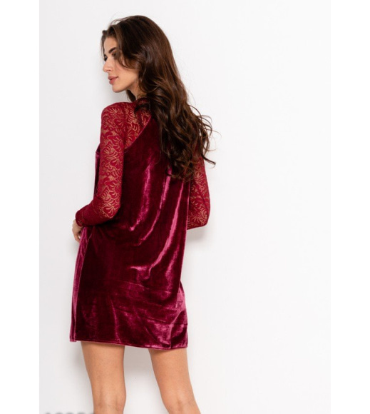 Бордовое велюровое свободное платье с кружевными рукавами-реглан