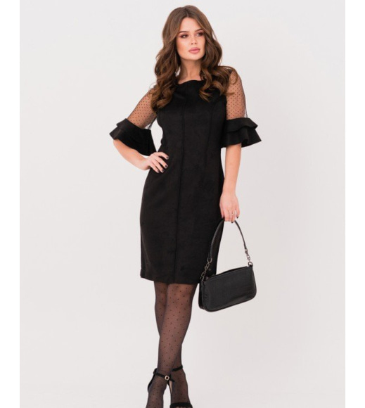 Чорна замшева сукня-футляр з воланами