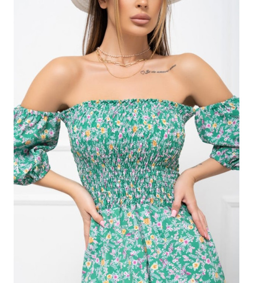 Зеленое цветочное платье с лифом-жаткой