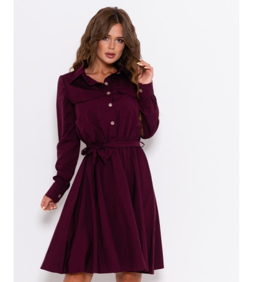 Бордовое платье-рубашка с длинными рукавами
