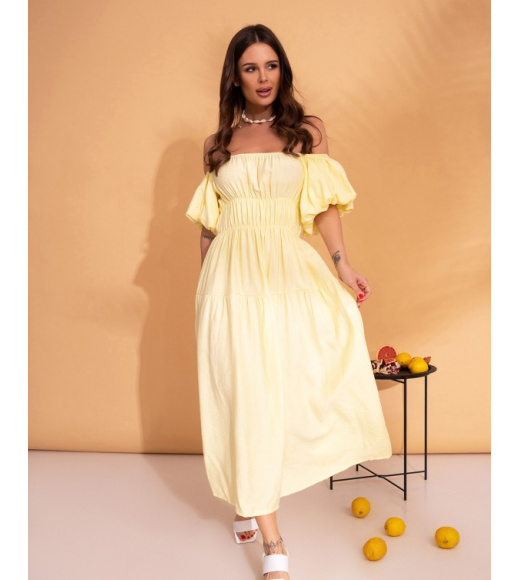 Желтое льняное платье с рукавами-буфами