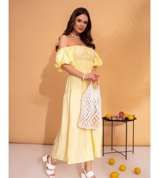 Желтое льняное платье с рукавами-буфами