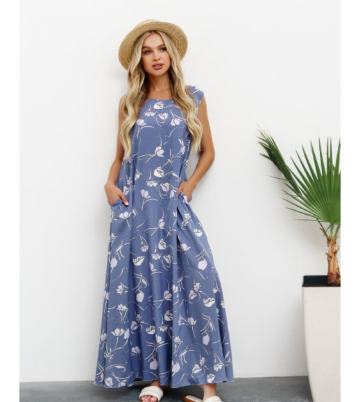 Цветочное синее платье с длиной в пол