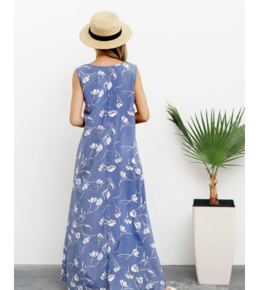 Цветочное синее платье с длиной в пол
