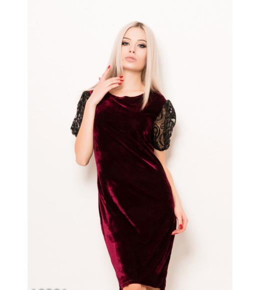 Бордовое велюровое платье с сетчатыми блестящими рукавами-фонариками