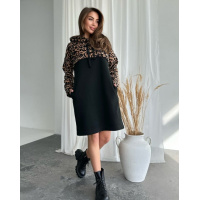 Черное теплое платье с леопардовой вставкой