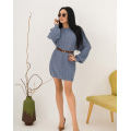 Голубое шерстяное платье-свитер крупной вязки