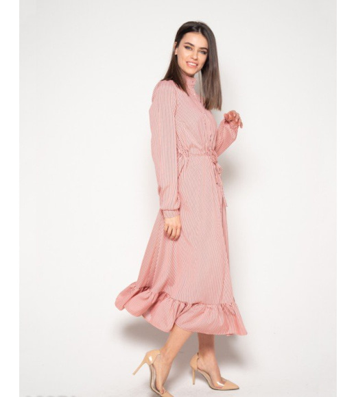 Персиковое полосатое платье на пуговицах с кулиской