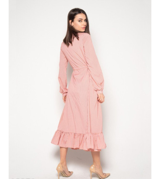 Персиковое полосатое платье на пуговицах с кулиской