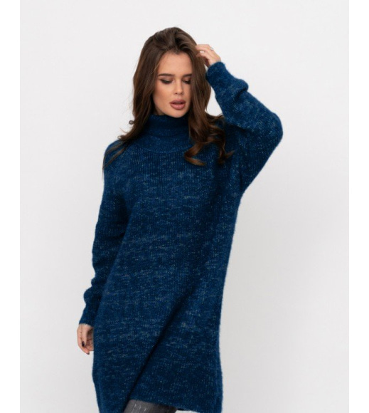 Синее вязаное теплое платье