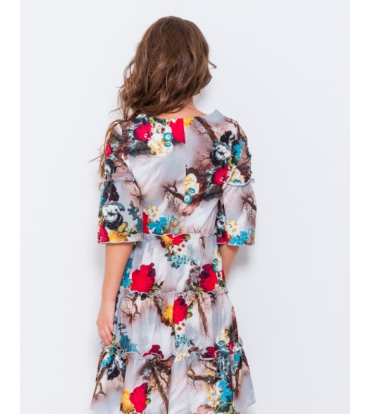 Серое свободное платье с цветочным принтом
