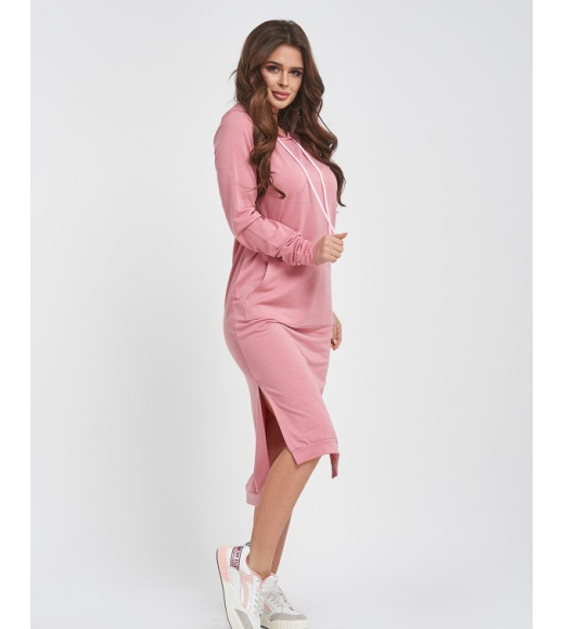 Рожеве трикотажне плаття з капюшоном
