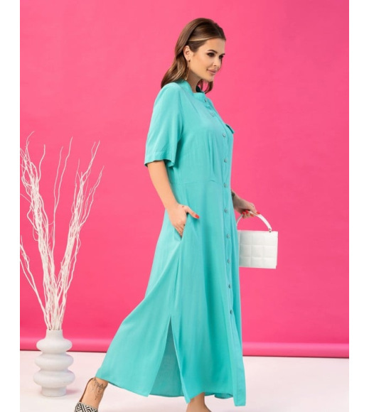Бірюзова бавовняна сукня-сорочка з розрізами