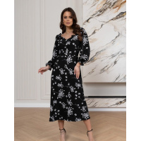 Цветочное черное платье с разрезом