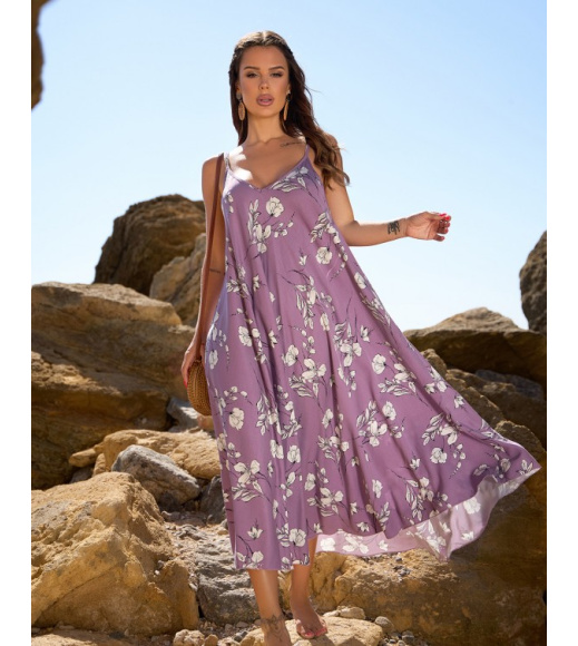 Сиреневый свободный сарафан с цветочным принтом