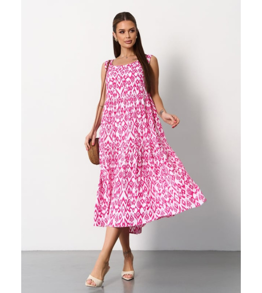 Малиновое хлопковое платье-трапеция с орнаментом