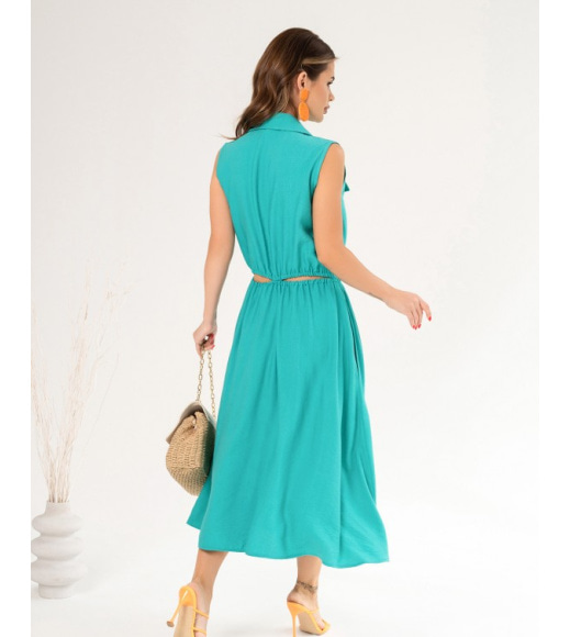 Бірюзова лляна сукня-сорочка з вирізами