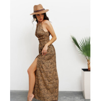 Коричневое длинное платье с леопардовым принтом