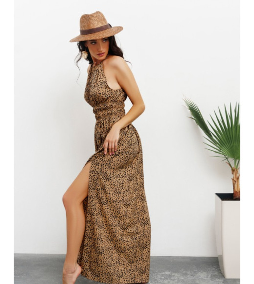 Коричнева довга сукня з леопардовим принтом