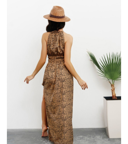 Коричнева довга сукня з леопардовим принтом