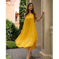 Горчичный сатиновый сарафан с ассиметричным низом