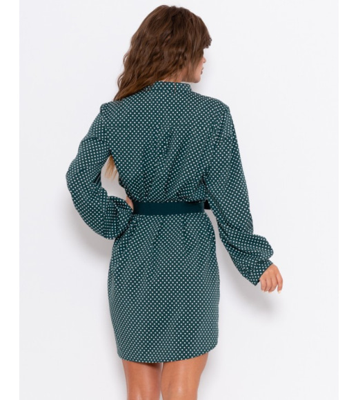 Зеленое в горошек платье-рубашка с длинными рукавами