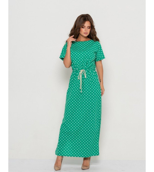 Зелене довге плаття в горошок з куліскою