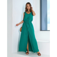 Зеленый льняной сарафан на пуговицах