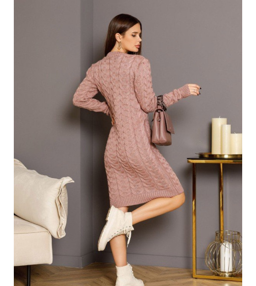 Розовое вязаное шерстяное теплое платье