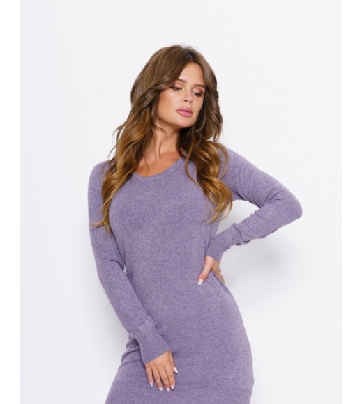 Сиреневое ангоровое мини платье-свитер на манжетах