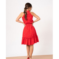 Красное в горошек платье с воротником халтер