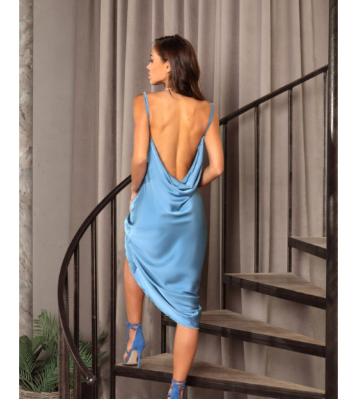Синее шелковое бельевое платье с открытой спиной