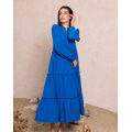 Синє довге плаття-трапеція з рюшами