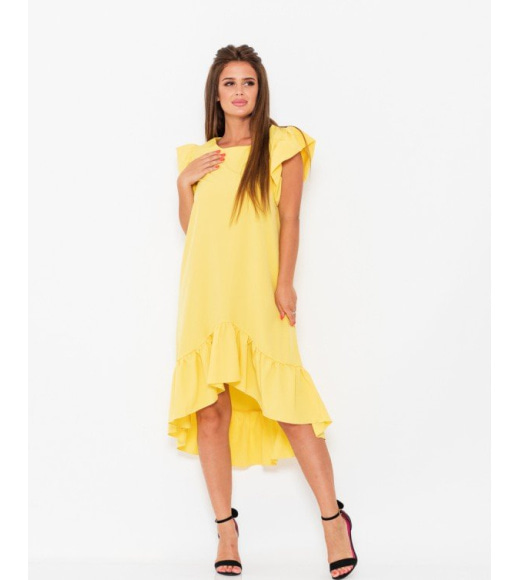 Желтое асимметричное платье с воланами
