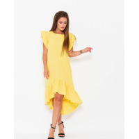 Желтое асимметричное платье с воланами
