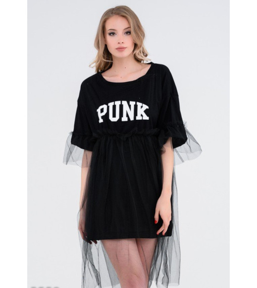 Черное платье-футболка с фатиновой юбкой и принтом PUNK