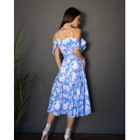 Голубое цветочное платье-халат с воланами