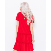 Красное свободное платье-трапеция с рюшами