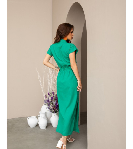 Зеленое хлопковое длинное платье на кулиске