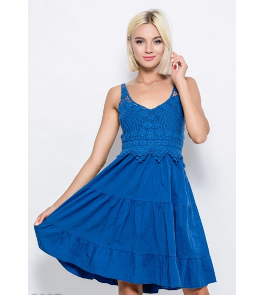 Летнее синее коттоновое платье с воланами, завязкой на спине и лифом-мулине
