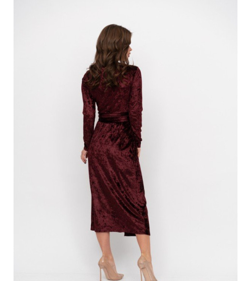 Бордовое велюровое длинное платье на запах