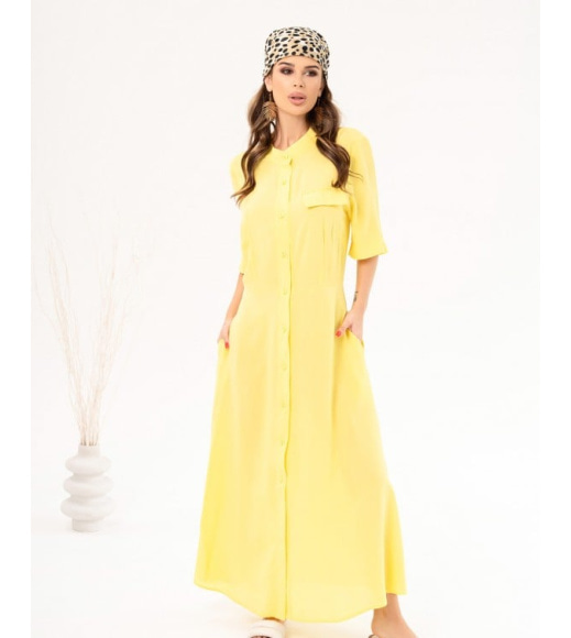 Желтое хлопковое платье-рубашка с разрезами
