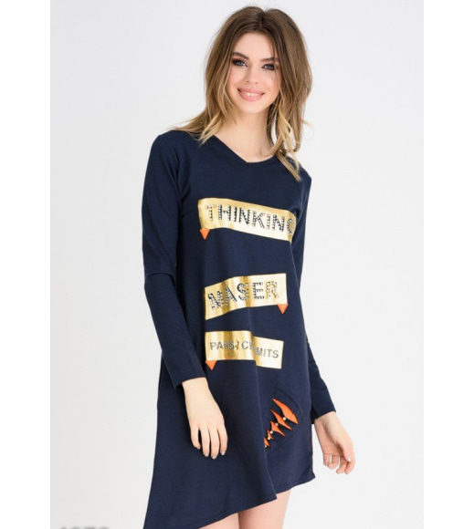 Синее асимметричное платье-туника с золотым принтом