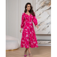 Цветочное малиновое платье с разрезом