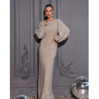 Блестящее длинное платье бежевого цвета