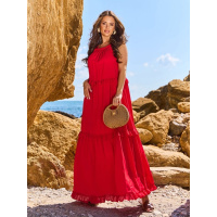 Красное хлопковое платье с рюшами