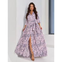 Серое длинное платье с принтом и разрезом