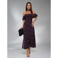 Черно-розовое платье бандо с двумя разрезами