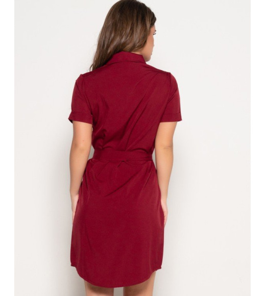 Бордове плаття-сорочка з поясом і кишенею