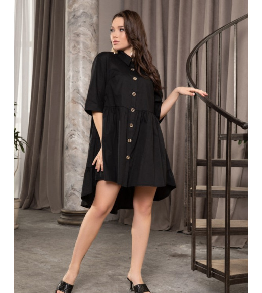 Черное коттоновое асимметричное платье-рубашка